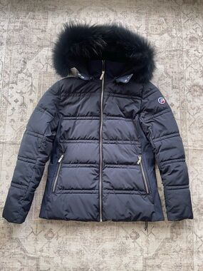 Fusalp Dark Navy Hooded Quilted Ski Jacket with Fur Trim